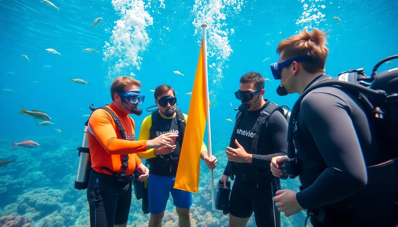 Tauchschule mit professionellen Tauchlehrern, die eine Kursstunde unter Wasser durchführen.