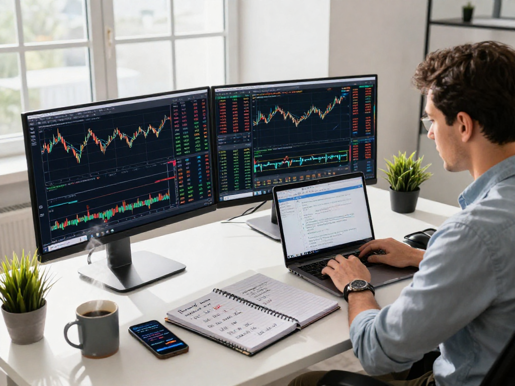 TradingView trader analyzing market data on multiple screens in a modern workspace.