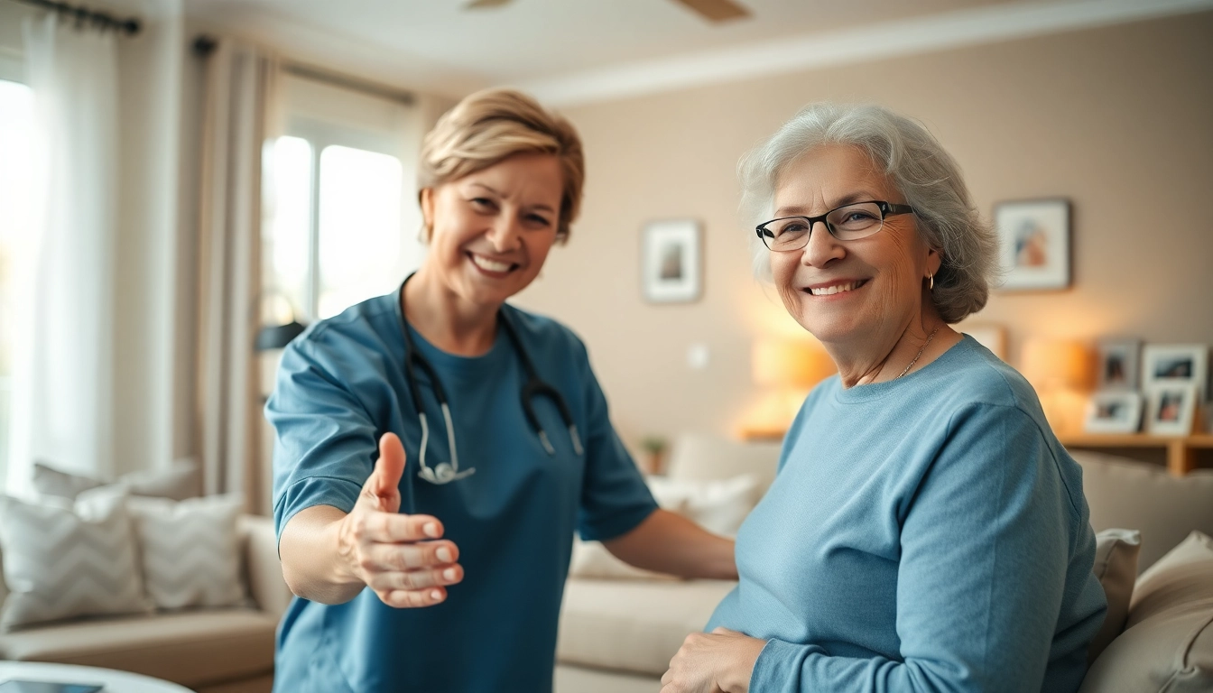 Elderly in home care near me, professional caregiver assisting senior in warm home environment.