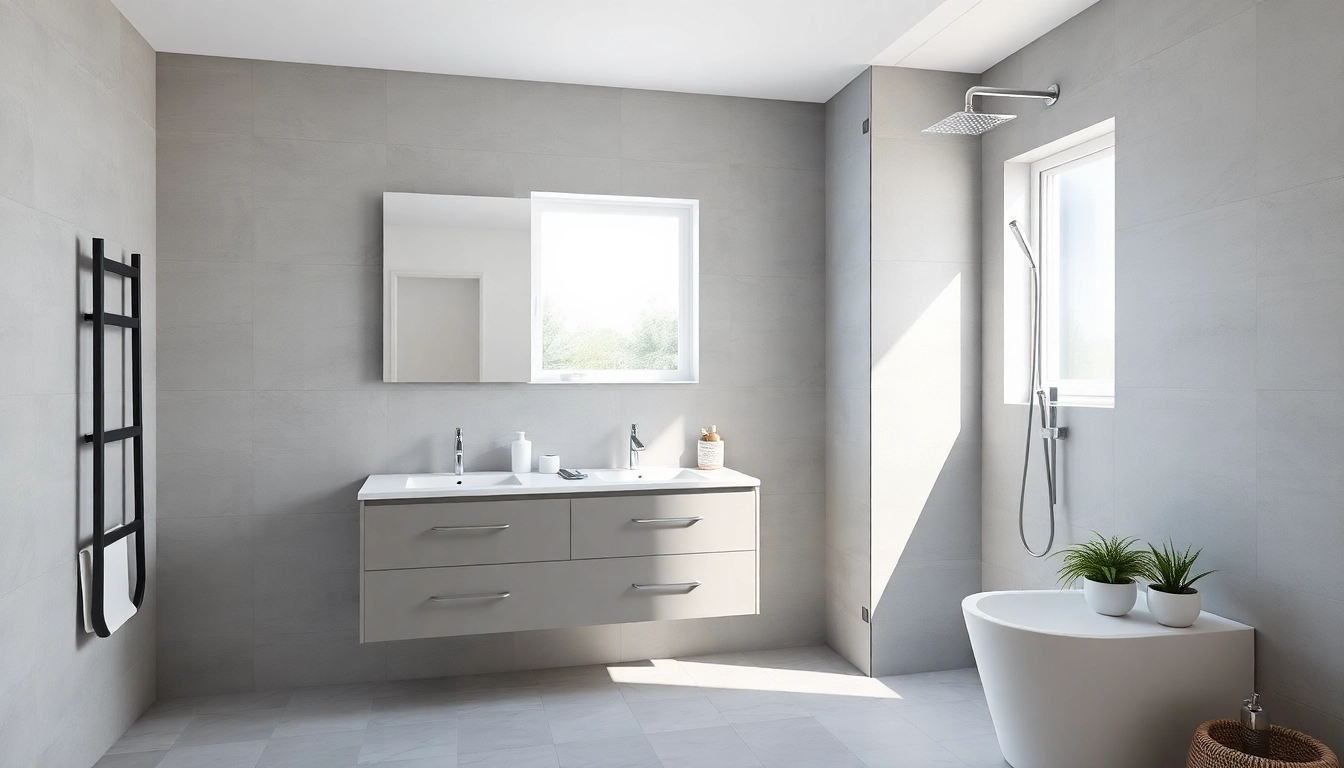 A stunning bathroom fitting designed with elegance and modern style, showcasing sleek fixtures and a bright atmosphere.