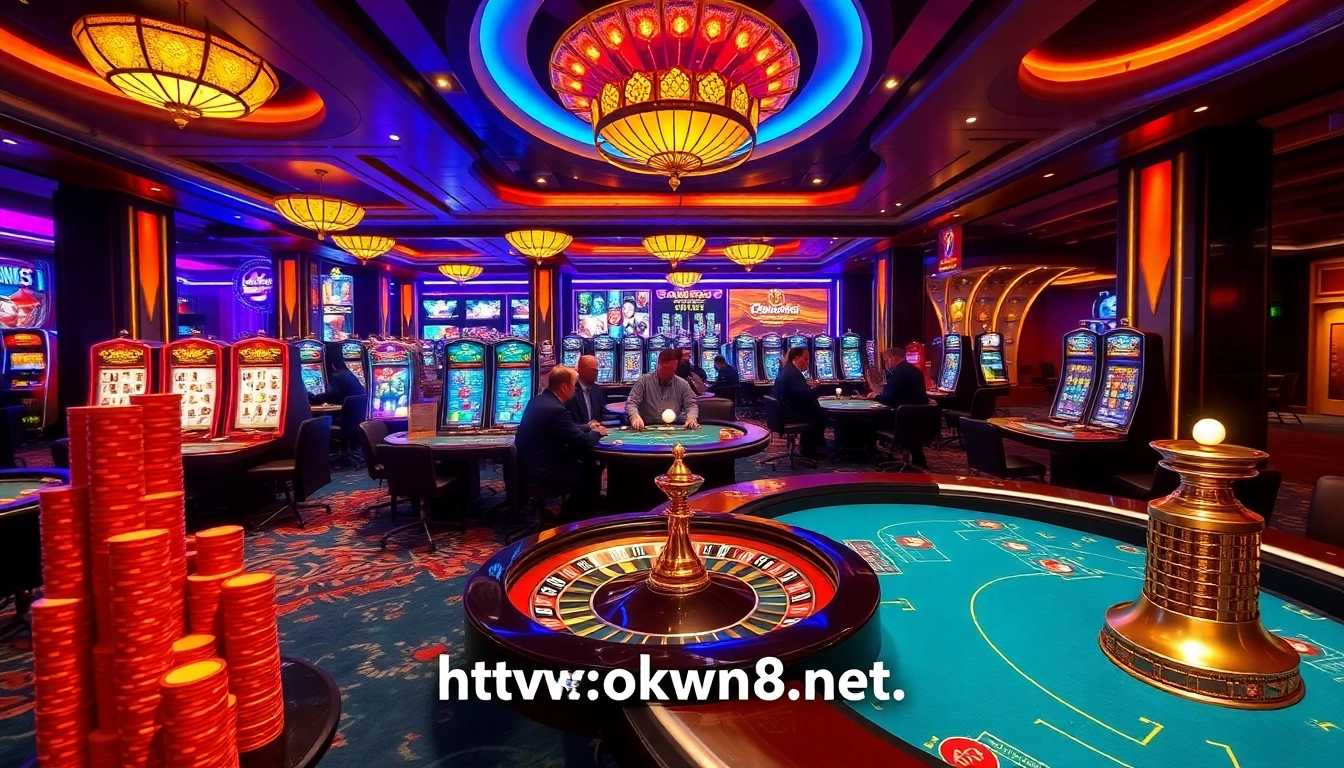 Excited players engaging in high-stakes action at https://okwin68.net/ casino tables with vibrant displays.