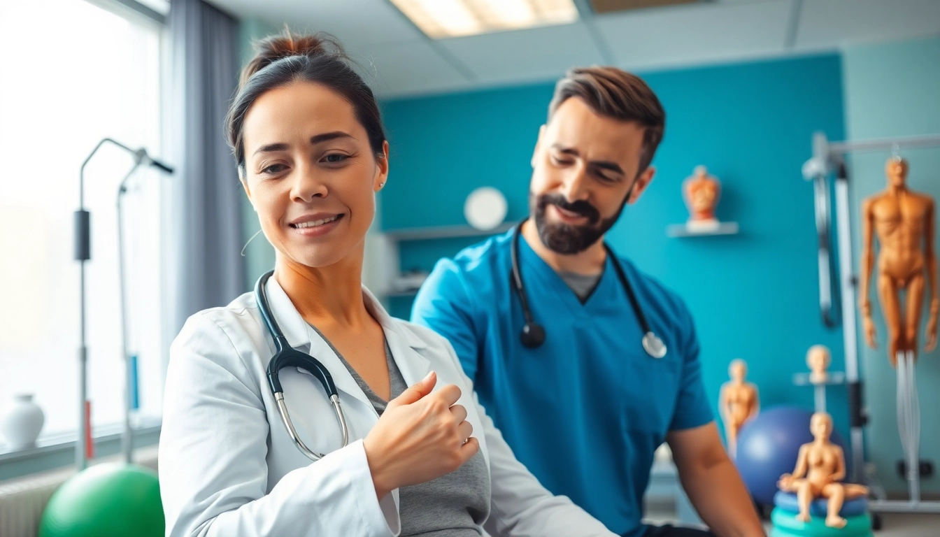 Engaged physiotherapy session in Edmonton with patient and therapist in a modern clinic.