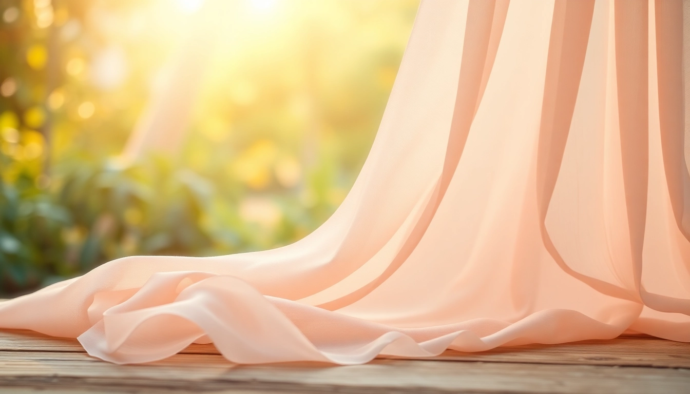 Chiffon stof elegant over een houten tafel gedrapeerd, benadrukt de lichtheid en schoonheid.