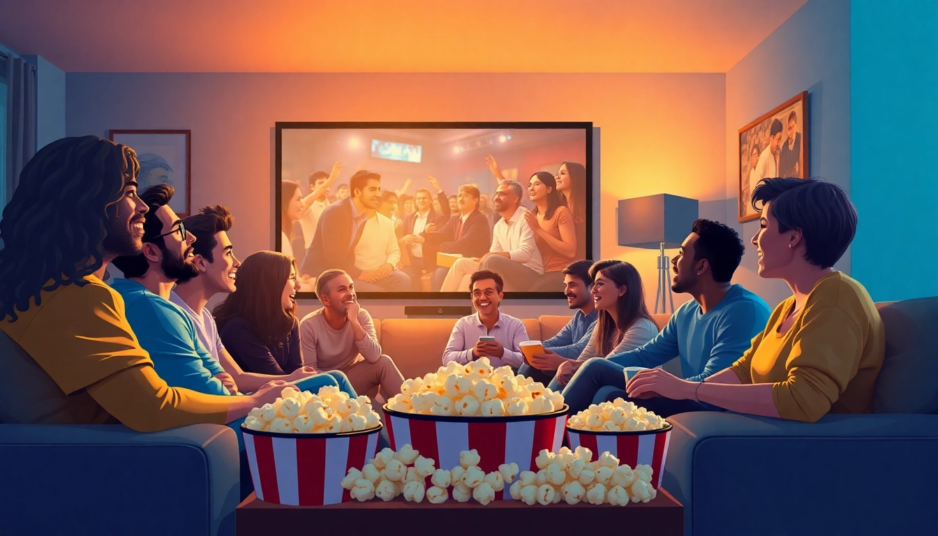 Engage with หนังออนไลน์ in a cozy environment showcasing friends enjoying films.