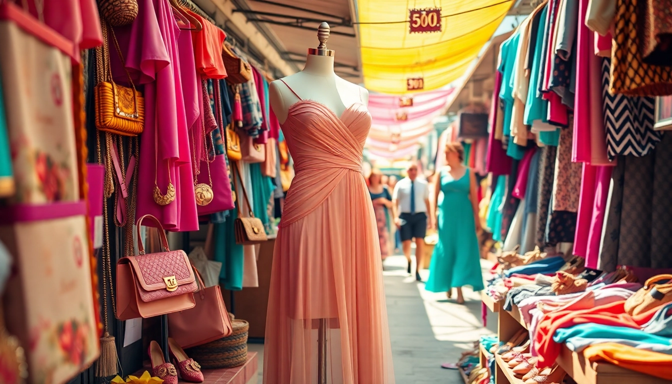 Fashion mannequin in vibrant street market showcasing elegant clothing and accessories.