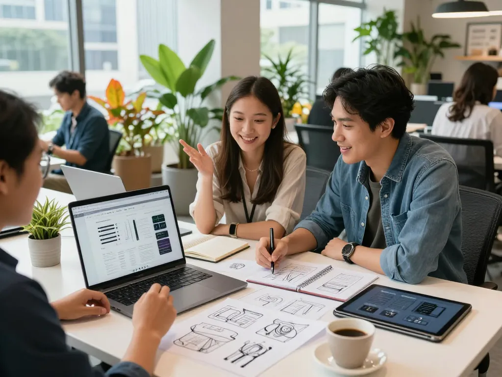 Freelance website designer collaborating with a client in a modern co-working space, showcasing dynamic creativity and collaboration.