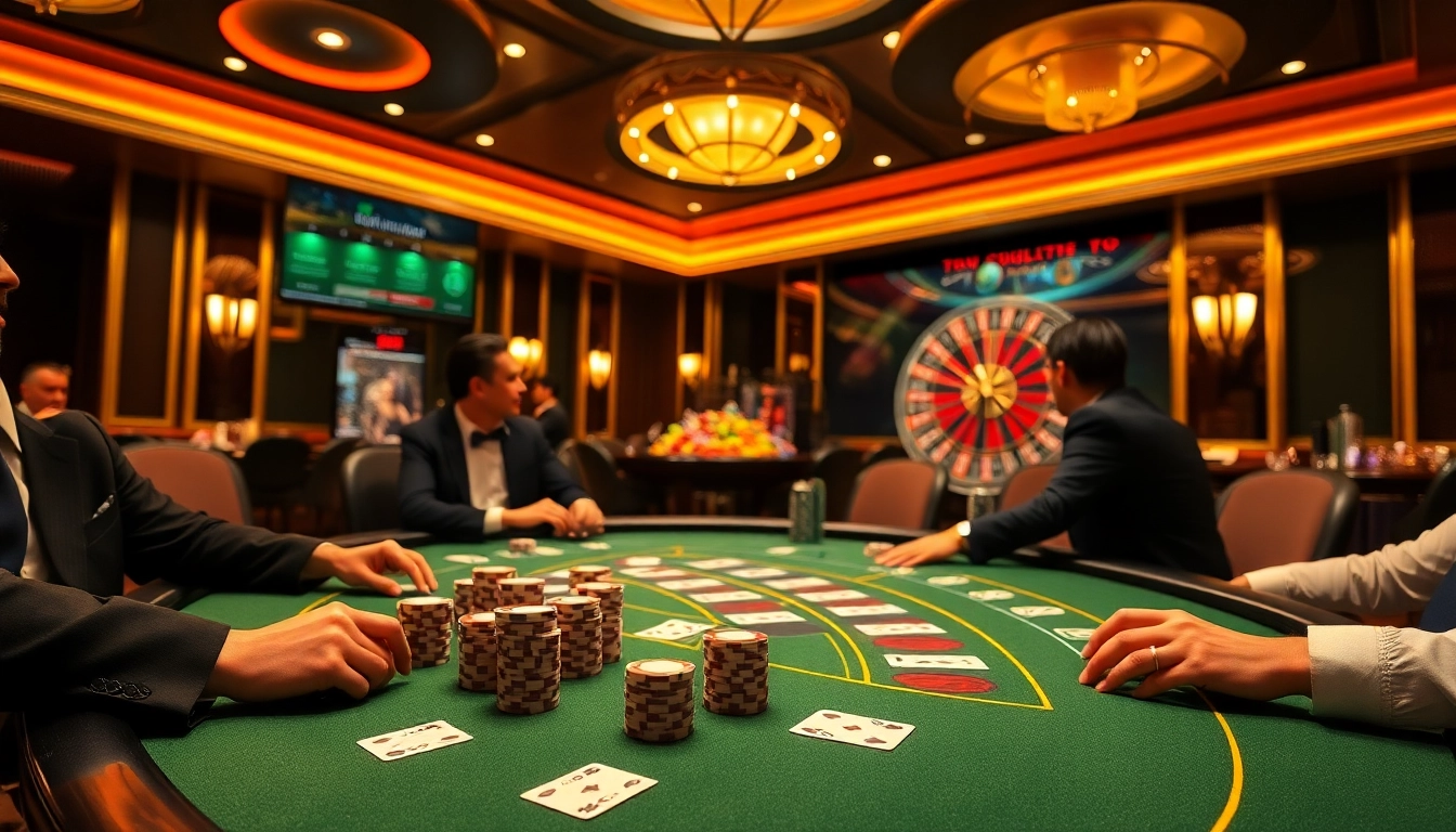 Dynamic poker action at thabet college casino hall with vibrant gameplay and a luxurious atmosphere.