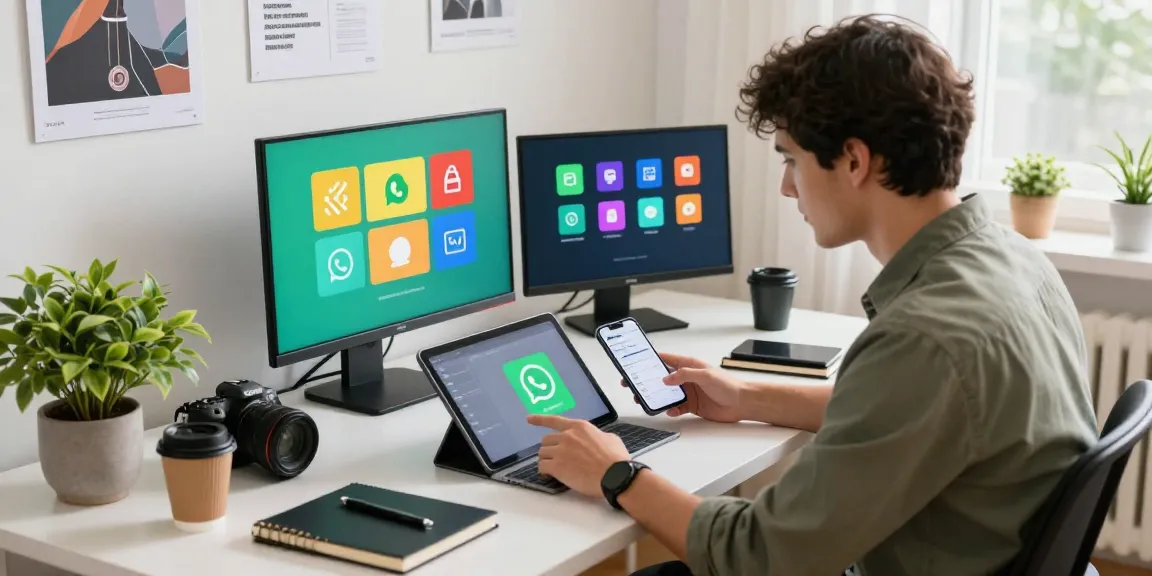 Downloading WhatsApp on smartphone in a modern tech workspace.