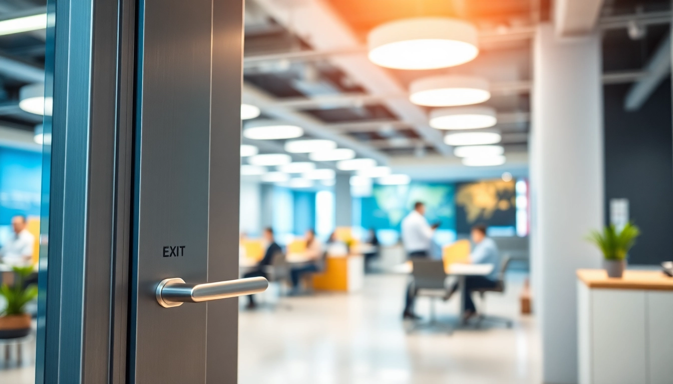 Showcasing an exit door with a panic bar in a modern office environment for safety.