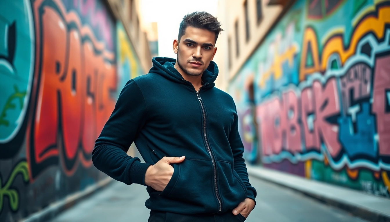 Model showcasing black zip up hoodie against colorful urban street art.