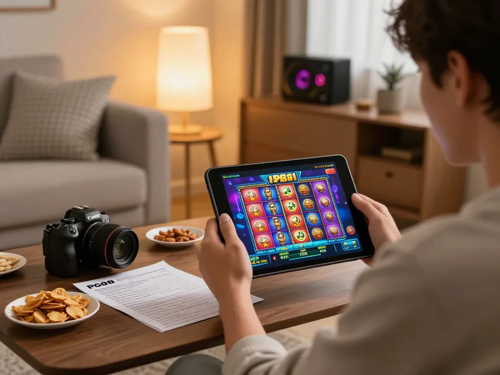 Engaging player wins big on PG88 online casino using tablet at home with strategic notes nearby