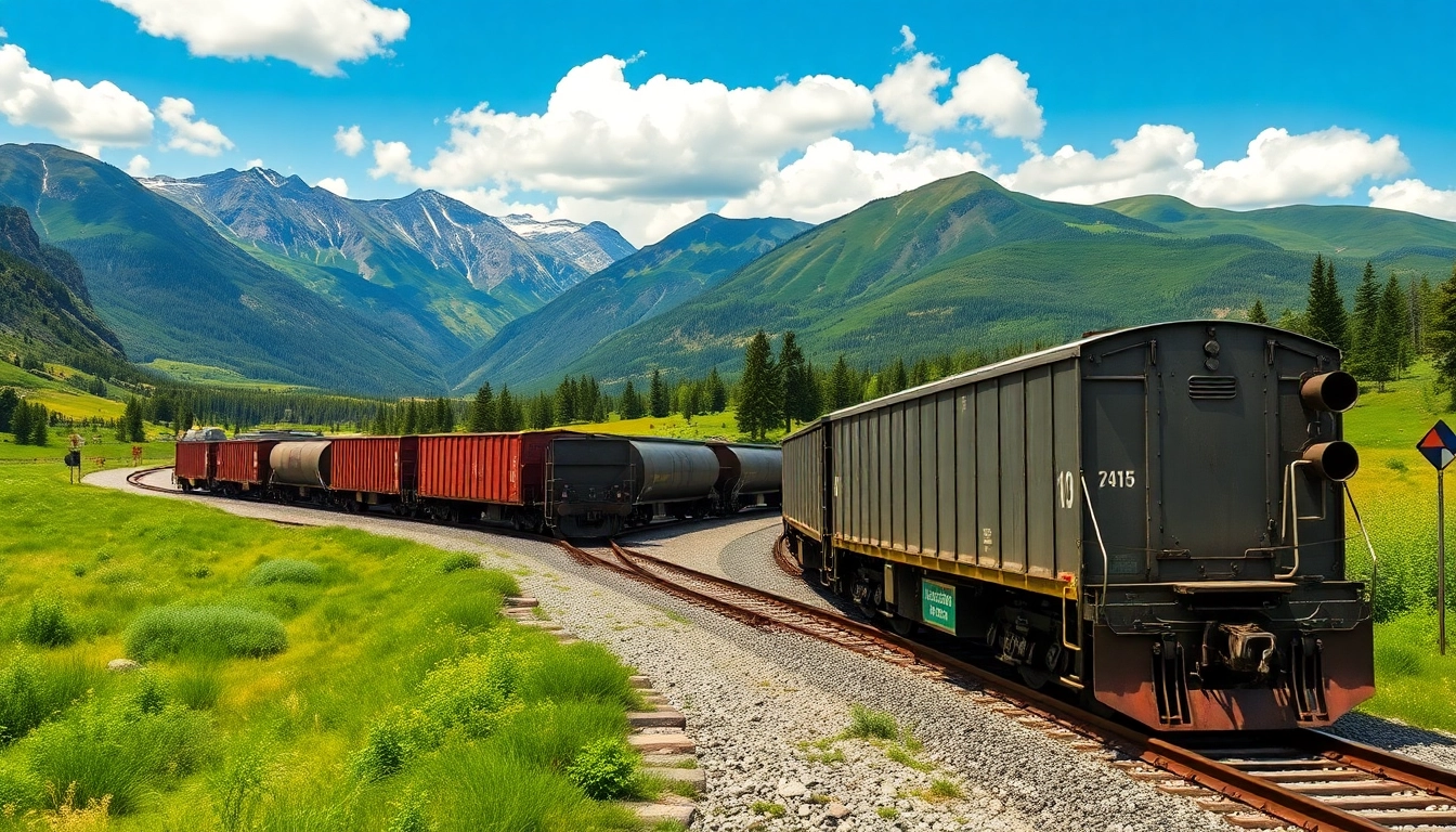 Experience North American rail services with a freight train traversing picturesque landscapes.