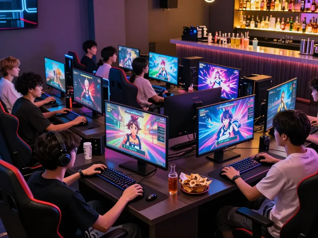 Enjoy playing free sex games in a vibrant gaming lounge with friends.