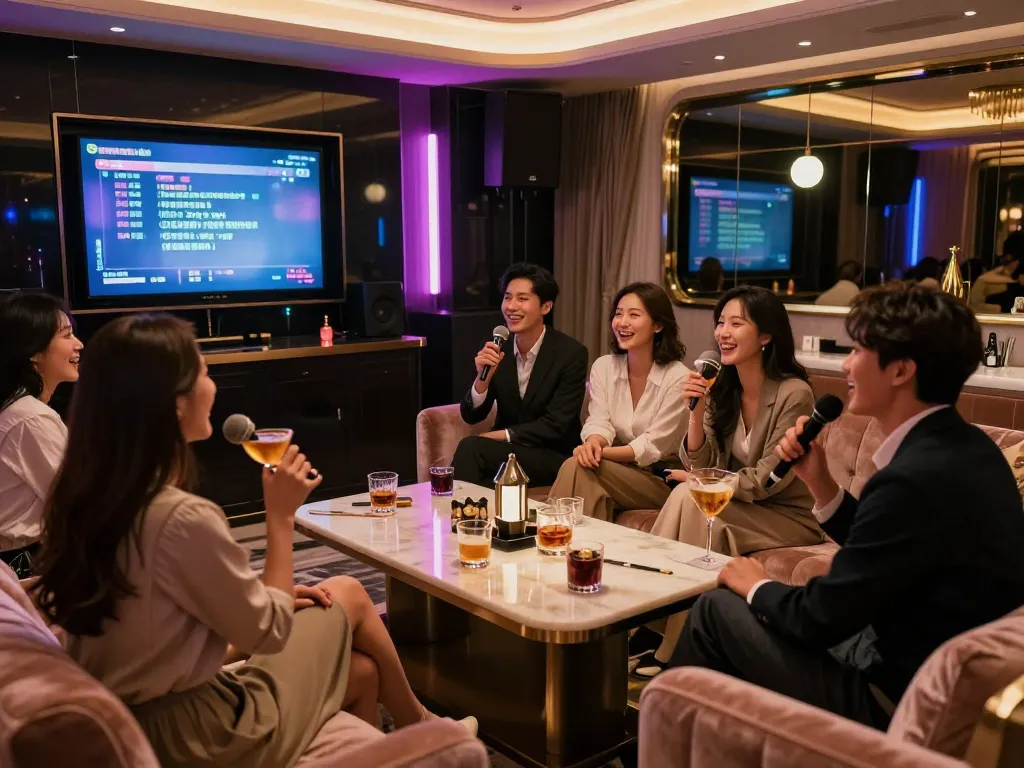 Friends enjoying karaoke at a luxurious lounge, showcasing https://www.gangnamtune.com ambiance and vibrant nightlife.