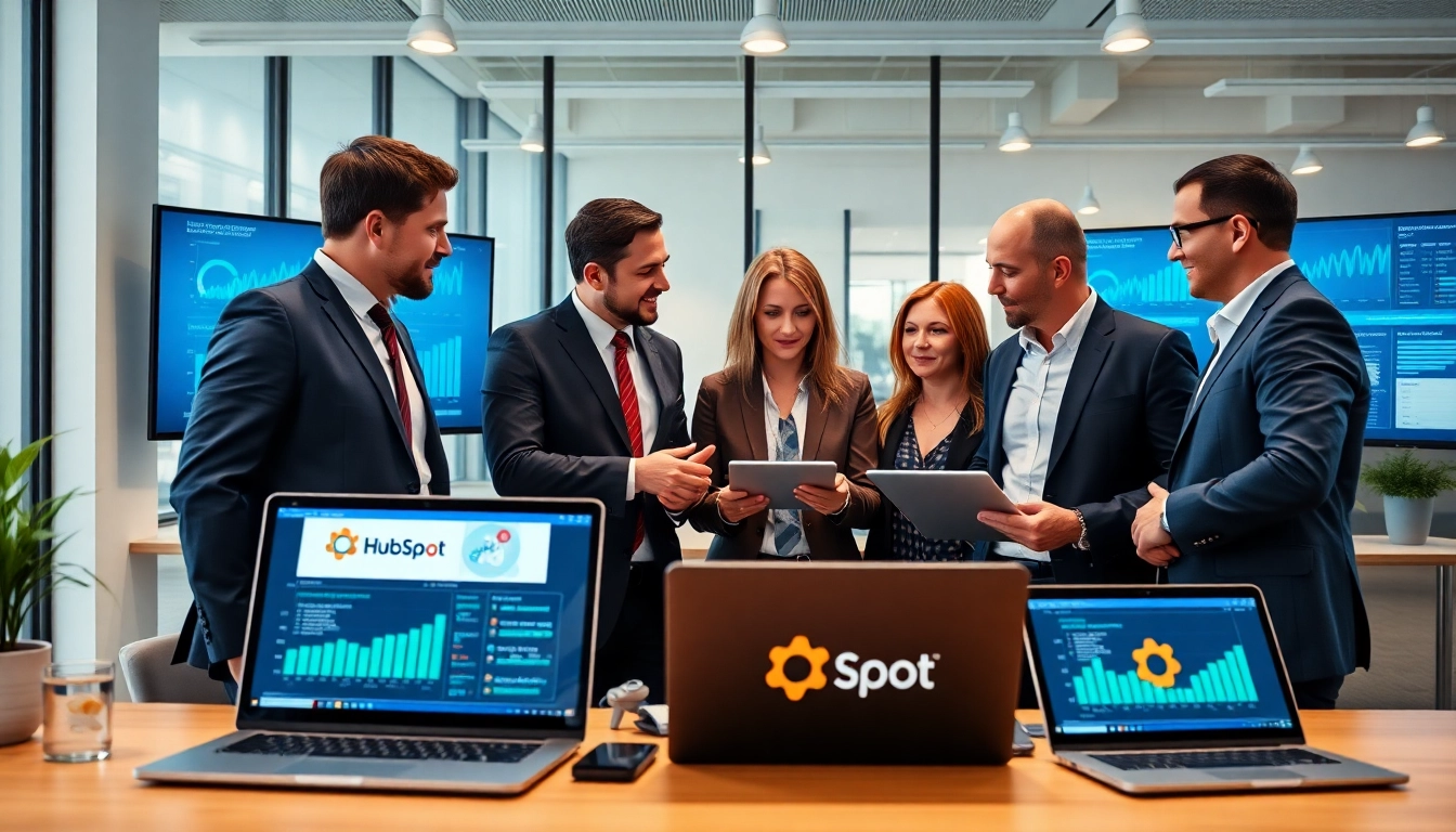 Visualize seamless teamwork using HubSpot CRM free for efficient collaboration in a modern office.