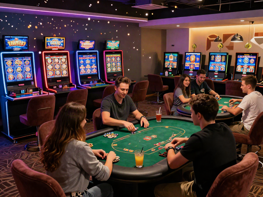 Situs casino online gaming environment with friends enjoying poker at virtual tables, colorful graphics, and snacks.