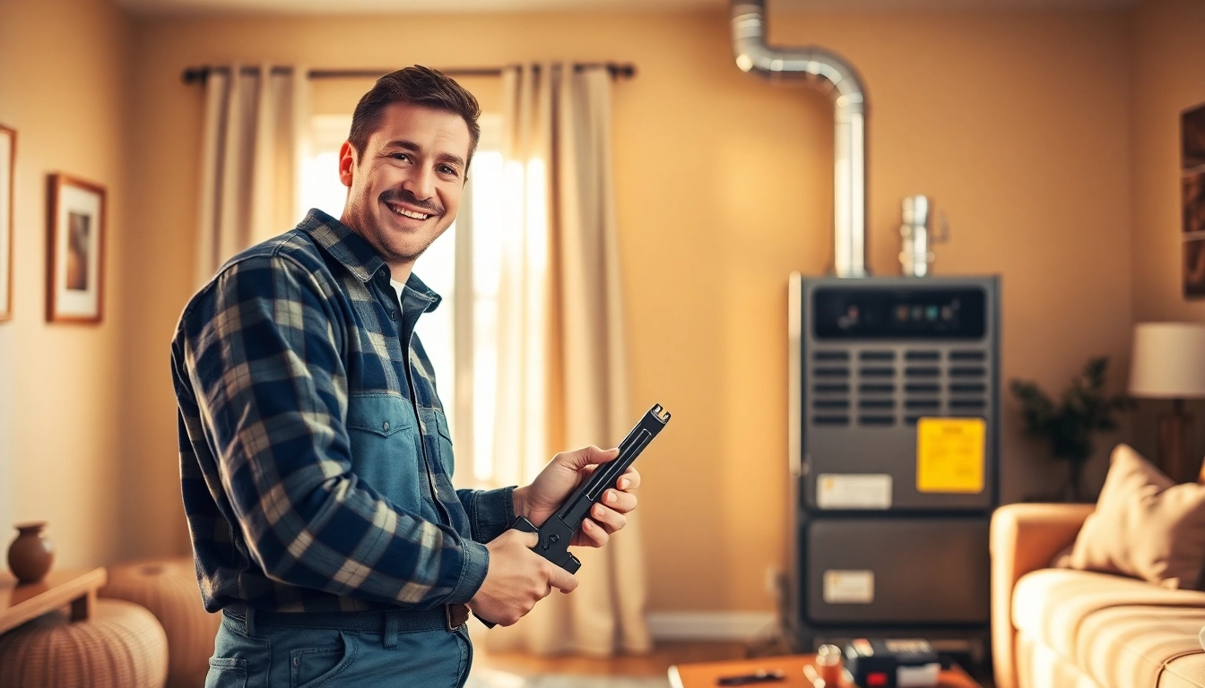 Expert in furnace installation St. Paul demonstrating efficient furnace setup in a cozy home.