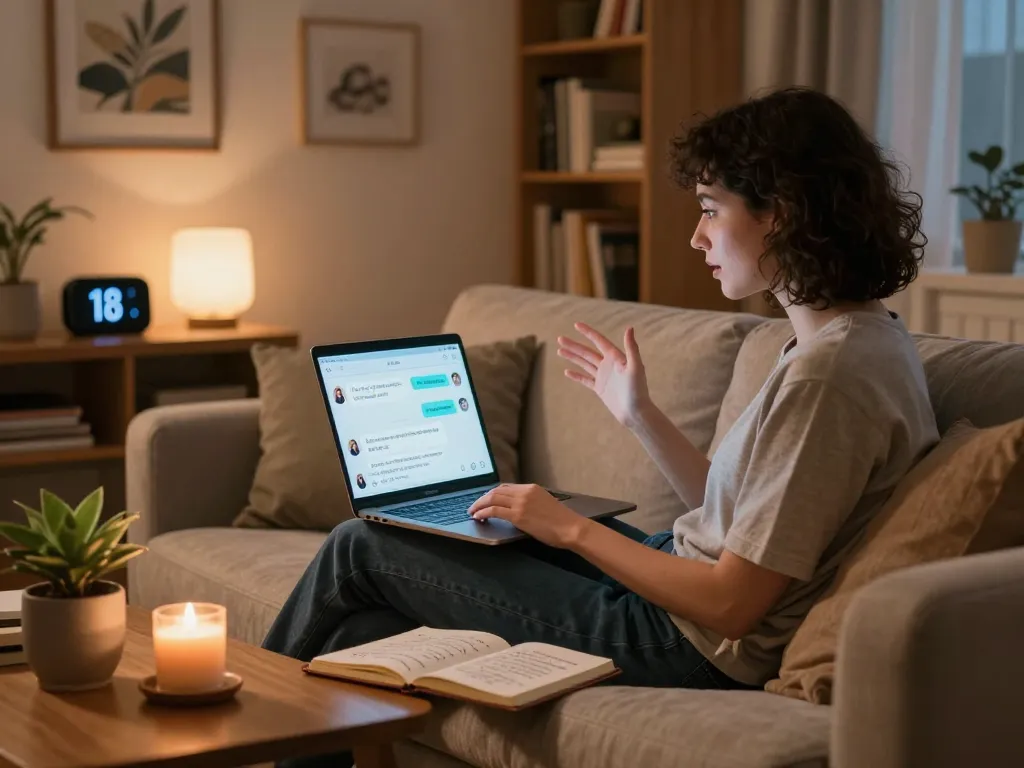 Engaging with a sex chat AI in a cozy digital setting, showcasing personalized interaction.