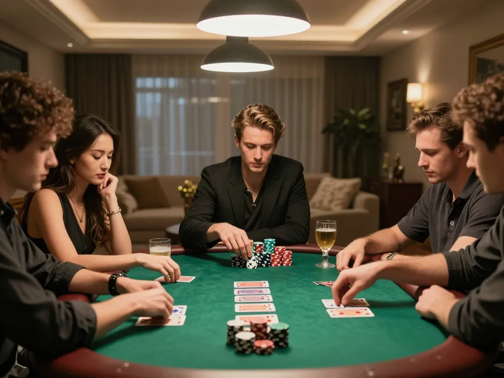 Engaged friends playing poker at home, showcasing king33 themed strategy and competitive spirit.