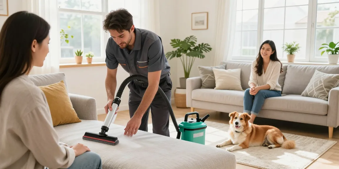 Upholstery cleaning near me in a bright living room with a technician treating a sofa, showcasing quality service and eco-friendly products.