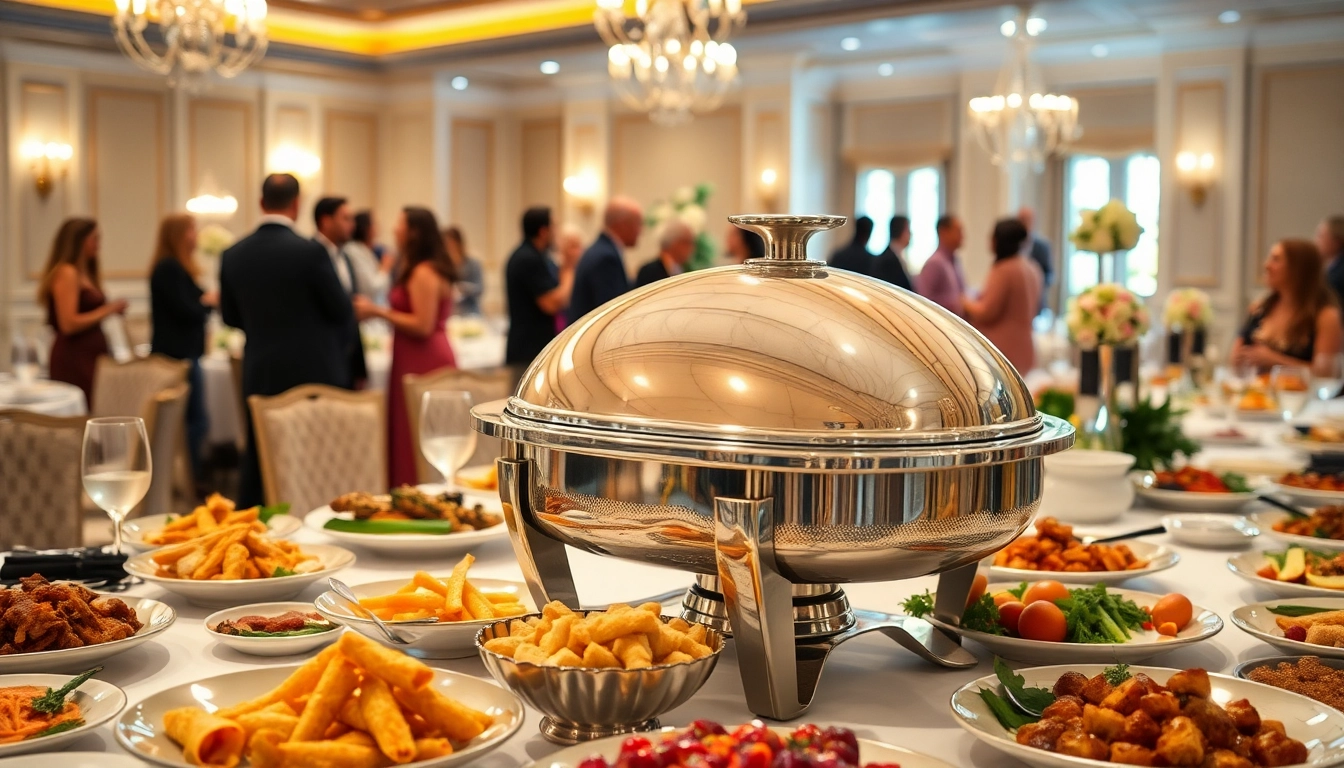 Elegant chafing dish at a banquet table, showcasing gourmet dishes and a festive ambiance.