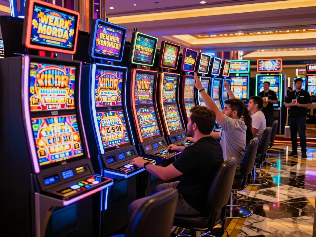 Players enjoying slot777 gacor machines, celebrating wins in vibrant Las Vegas casino atmosphere.