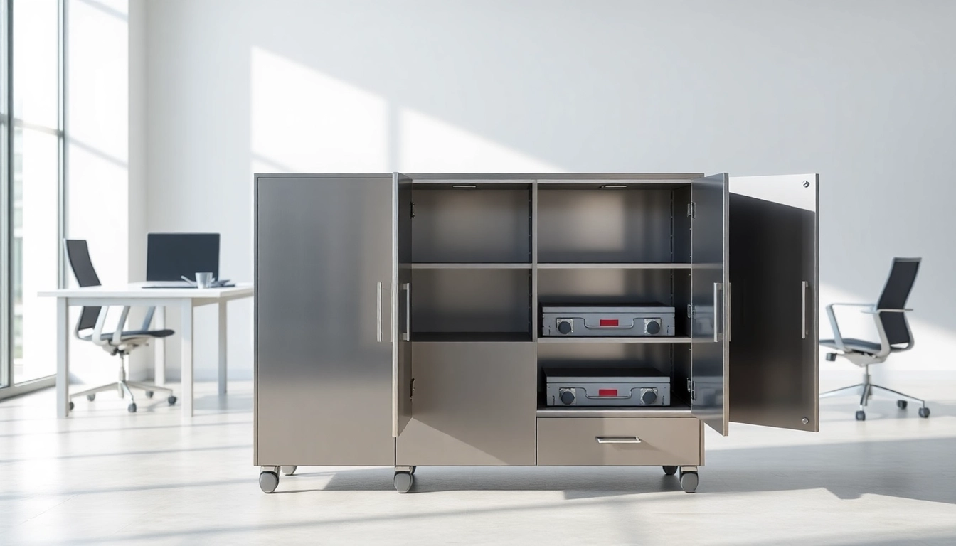 Organize your space with a sleek steel cabinet, showcasing elegance and functionality.
