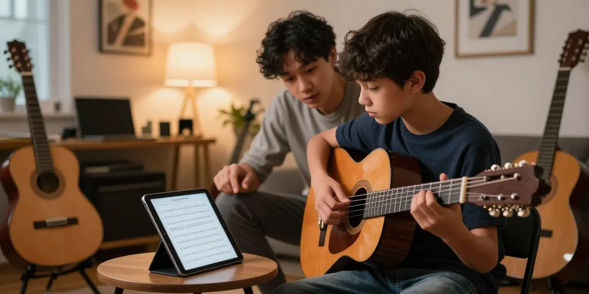 Private classical guitar lessons in a warm inviting home studio environment with personalized instruction.