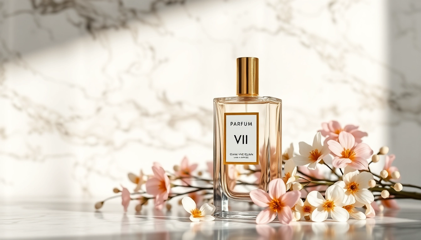Admire parfum vi by gianni vive sulman elegantly displayed next to delicate flowers.