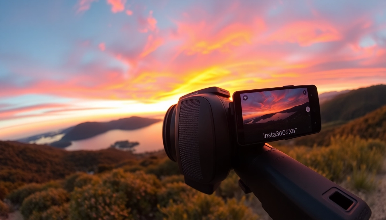 Photograph showcasing the Insta360 X5 in use, capturing stunning landscapes and vibrant colors.