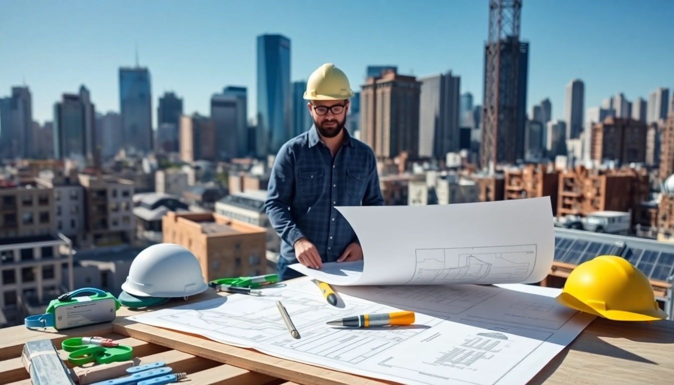 New York General Contractor overseeing a construction project with blueprints and equipment.
