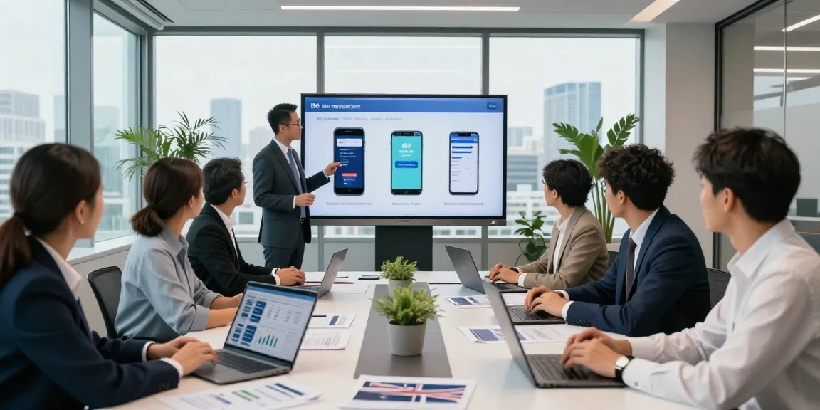 Business mobile comparison UK team analyzing contracts in a modern office
