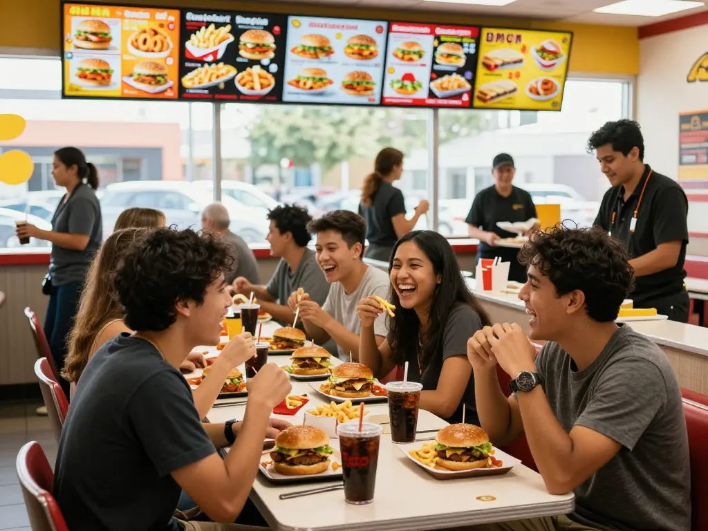 Fast food prices displayed on menu board in bustling restaurant with friends enjoying meals.