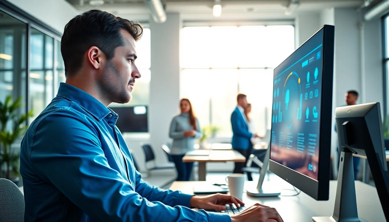 Engaged employee using an enterprise assistant AI in a modern office setting.