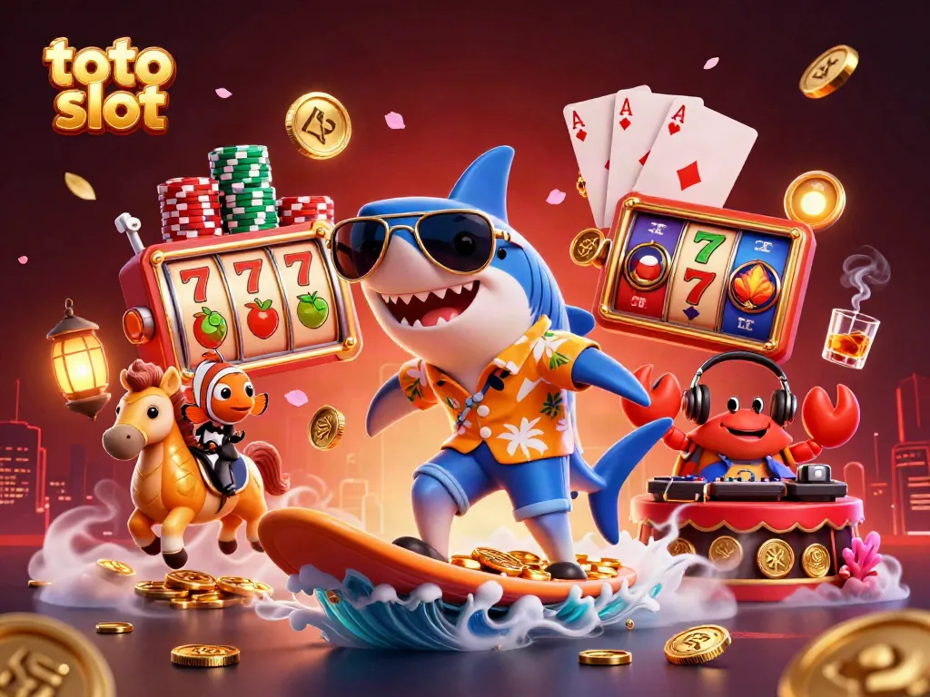 Menangkan permainan slot toto dengan simbol keberuntungan dan karakter unik di bawah sinar lampu.