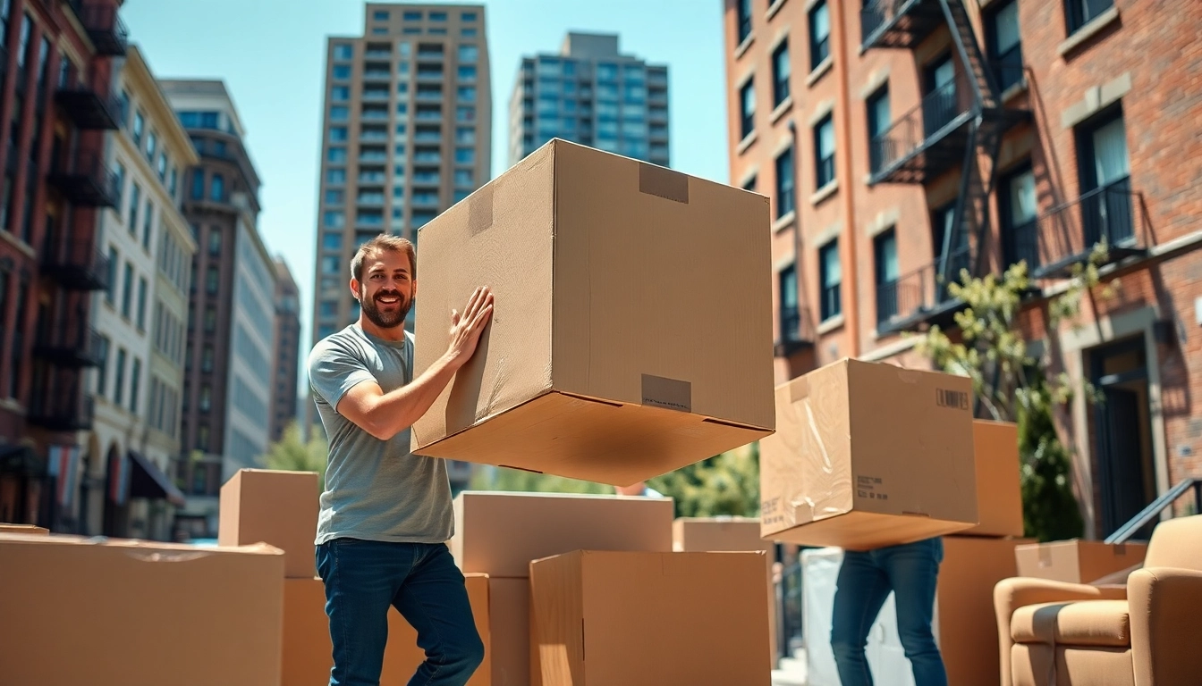 Boston local movers efficiently transporting boxes in a vibrant urban setting.