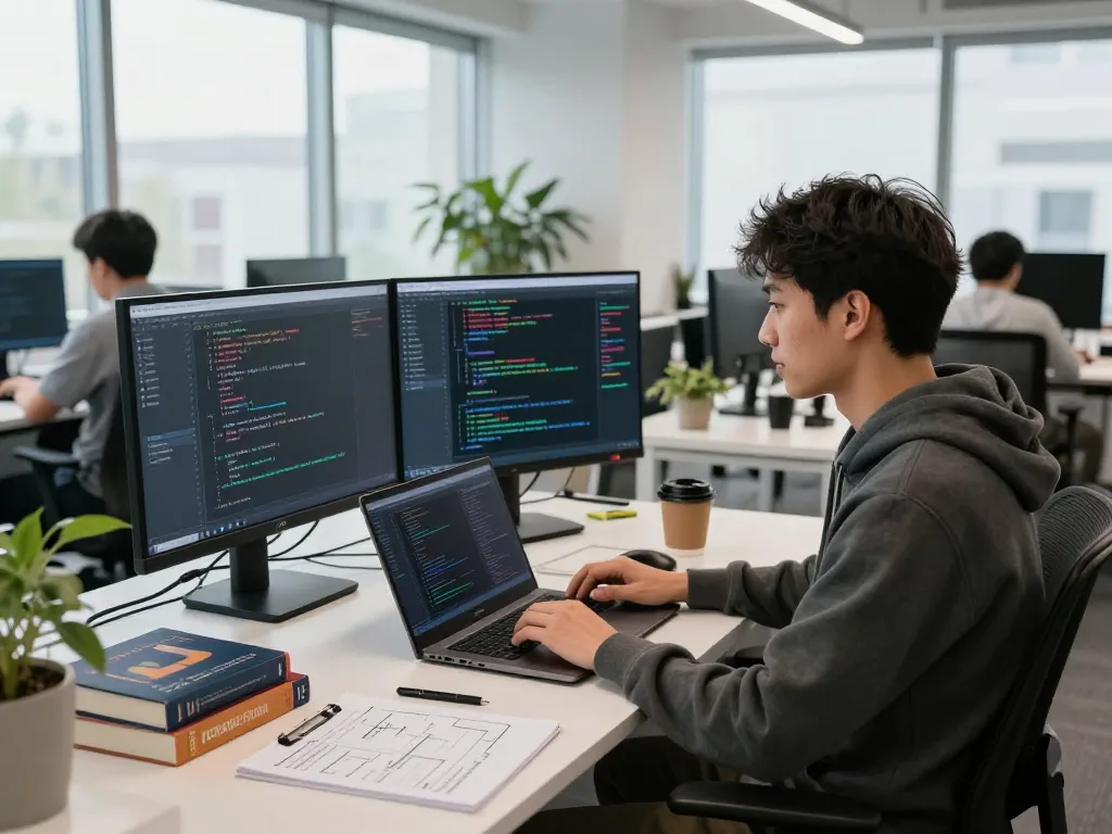 Developer using clawdbot in a modern tech workspace with dual monitors and coding tools.