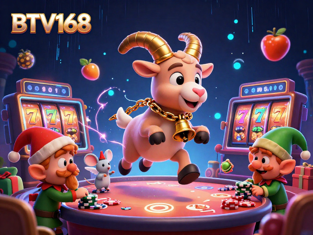 BTV168 features a festive horror casino with Krampus, angel mouse, and elf gremlins amidst vivid slot game elements.