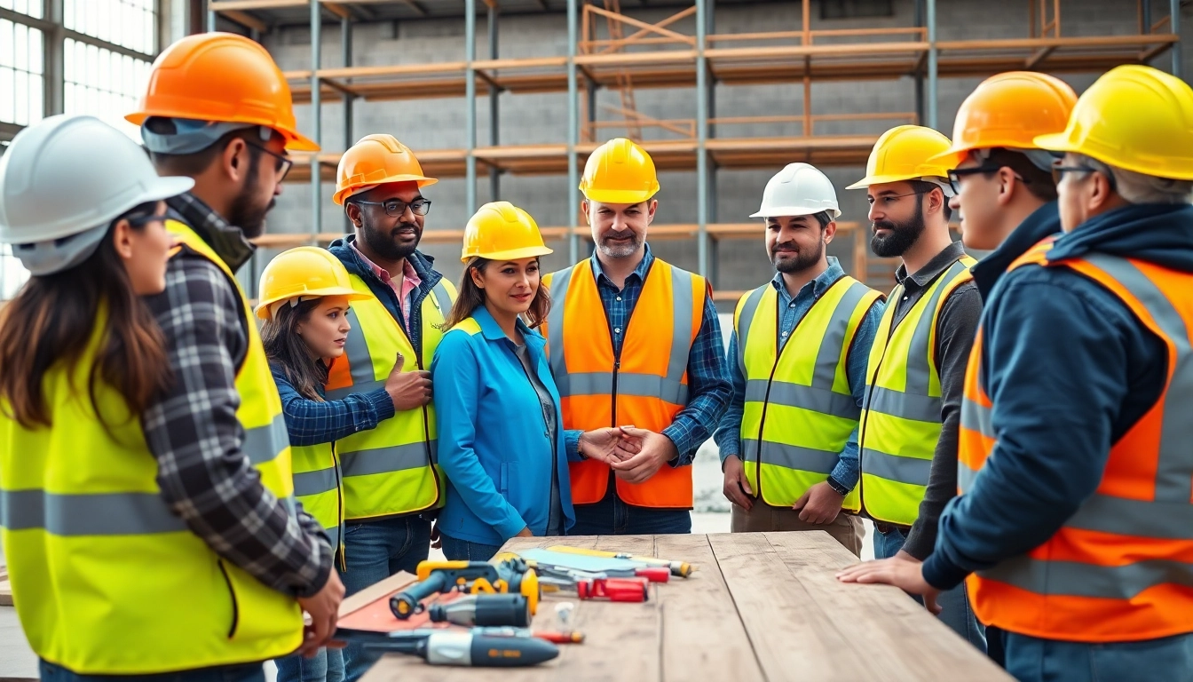 Engaged workers participating in construction site safety training focused on safety and teamwork.