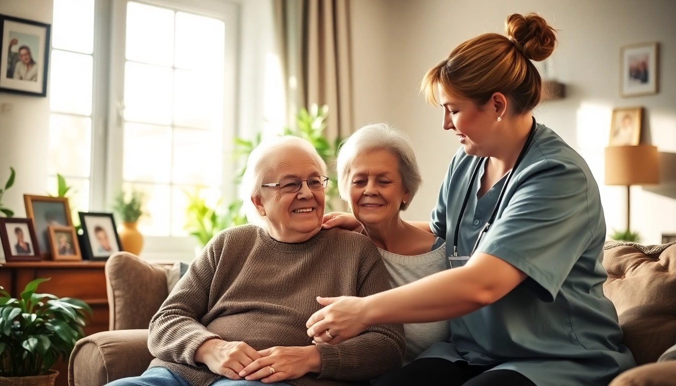 Engaging moment showcasing at home senior care with a caregiver helping an elderly individual.
