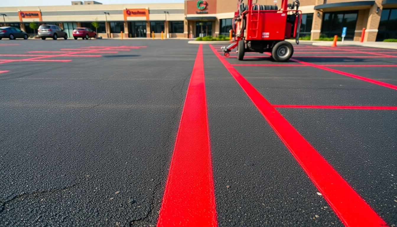 Fire lane striping Jackson MS showcases freshly painted parking lot stripes with professional precision.