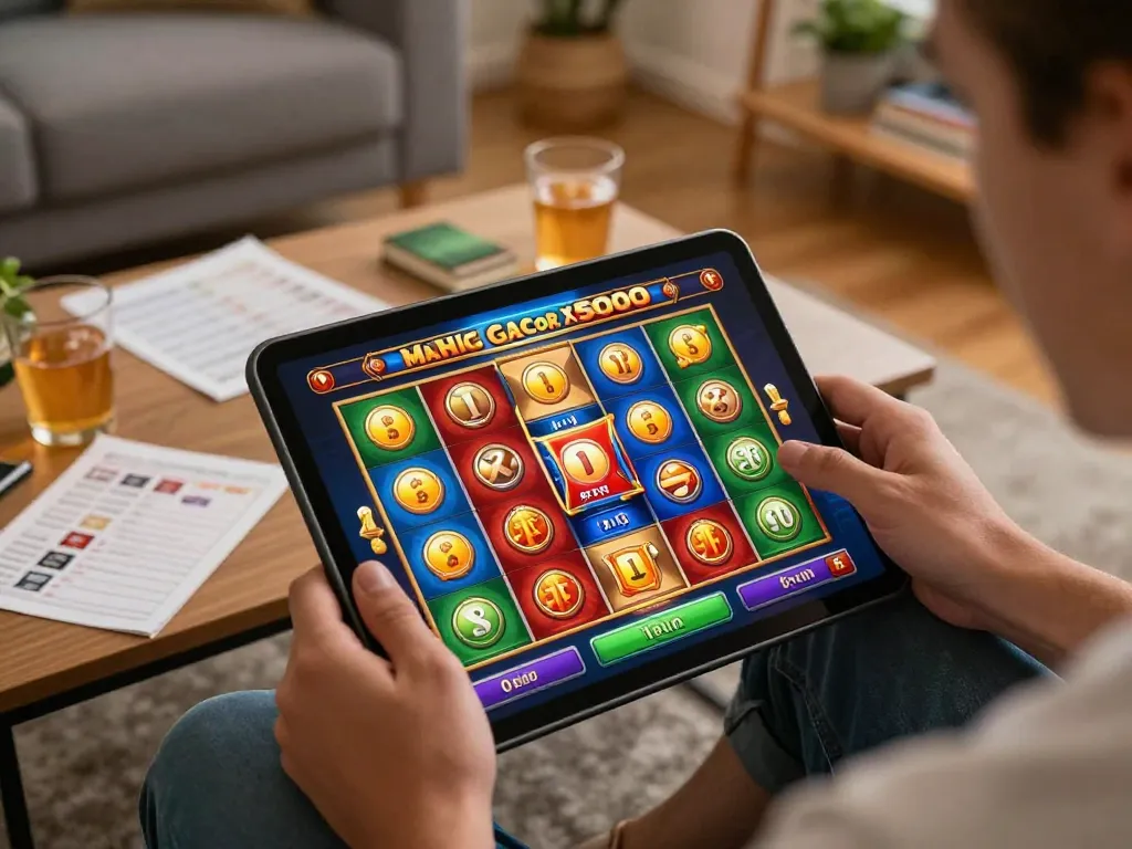 Demo menarik dari permainan slot Mahjong Gacor X5000 di tablet yang menyoroti gameplay dan potensi kemenangan scatter