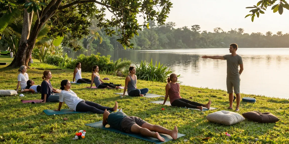 Yoga retreats Sri Lanka at Koggala Lake with serene participants practicing yoga outdoors.
