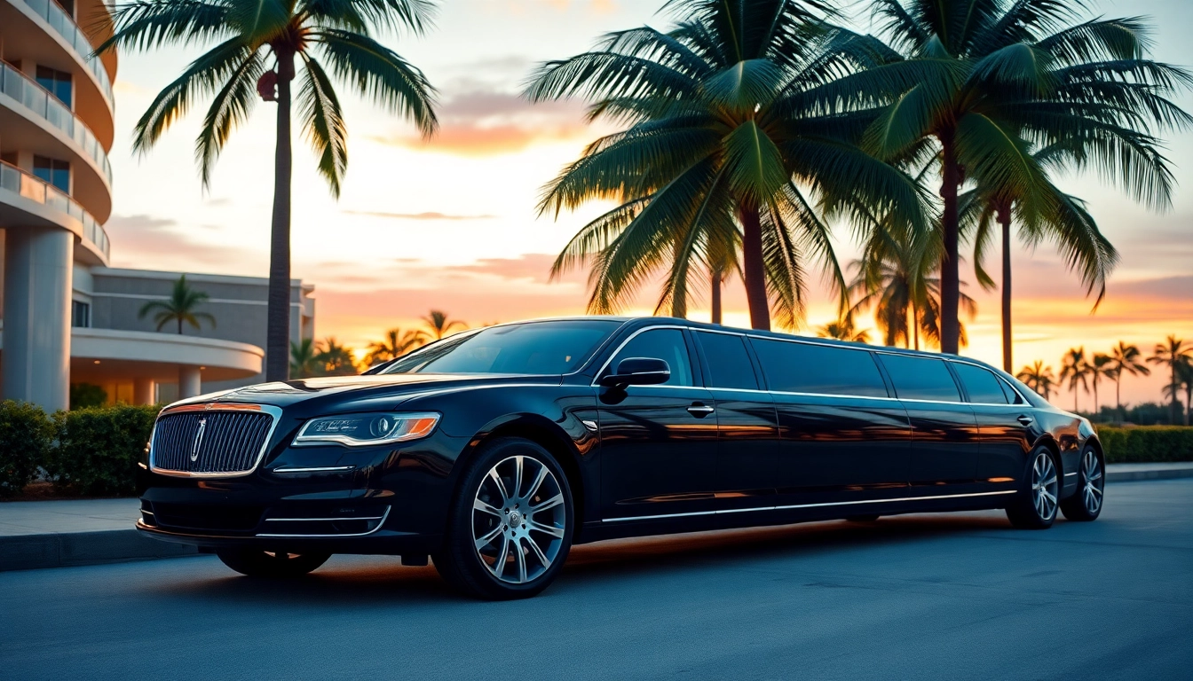 Limo service Miami showcased with a sleek limousine parked outside a luxury hotel in Miami.