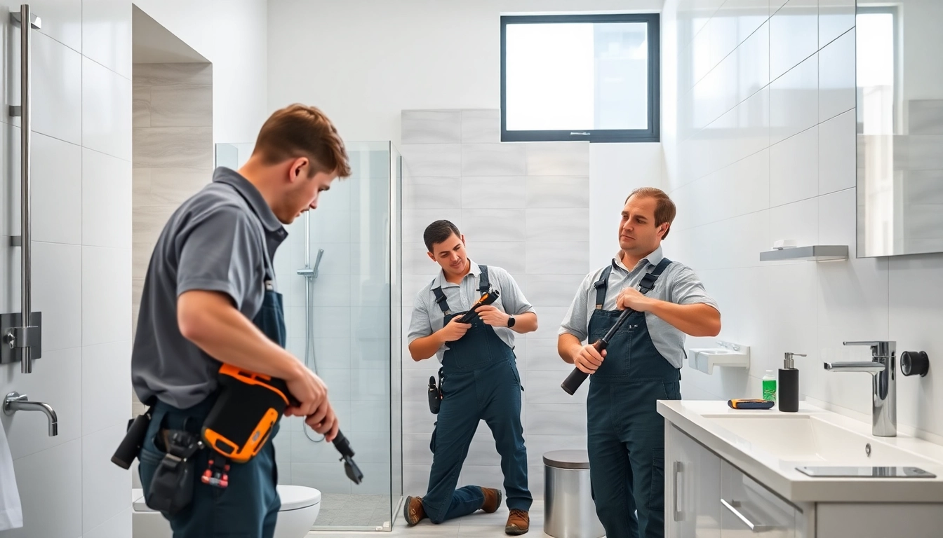 Fachleute von sonni sanitär GmbH installieren moderne Sanitäranlagen in einem hellen Badezimmer.