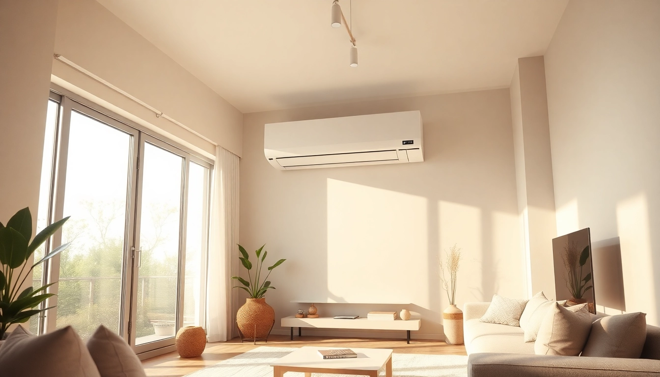 Showcase a mitsubishi mini split ac in a stylish living room, highlighting its sleek design and comfort.