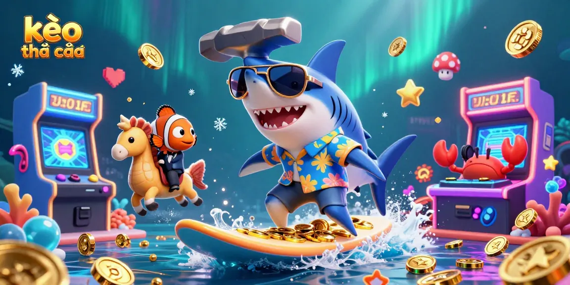 Experience thrilling action with kèo nhà cái as the hammer-head shark surfs on gold coins in an exciting scene.