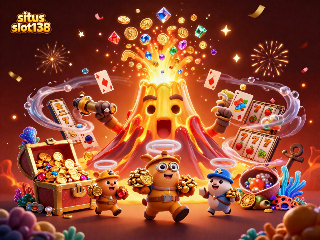 Experience situs slot138 with a thrilling 3D scene of a golden volcano erupting treasures, showcasing vibrant casino elements.
