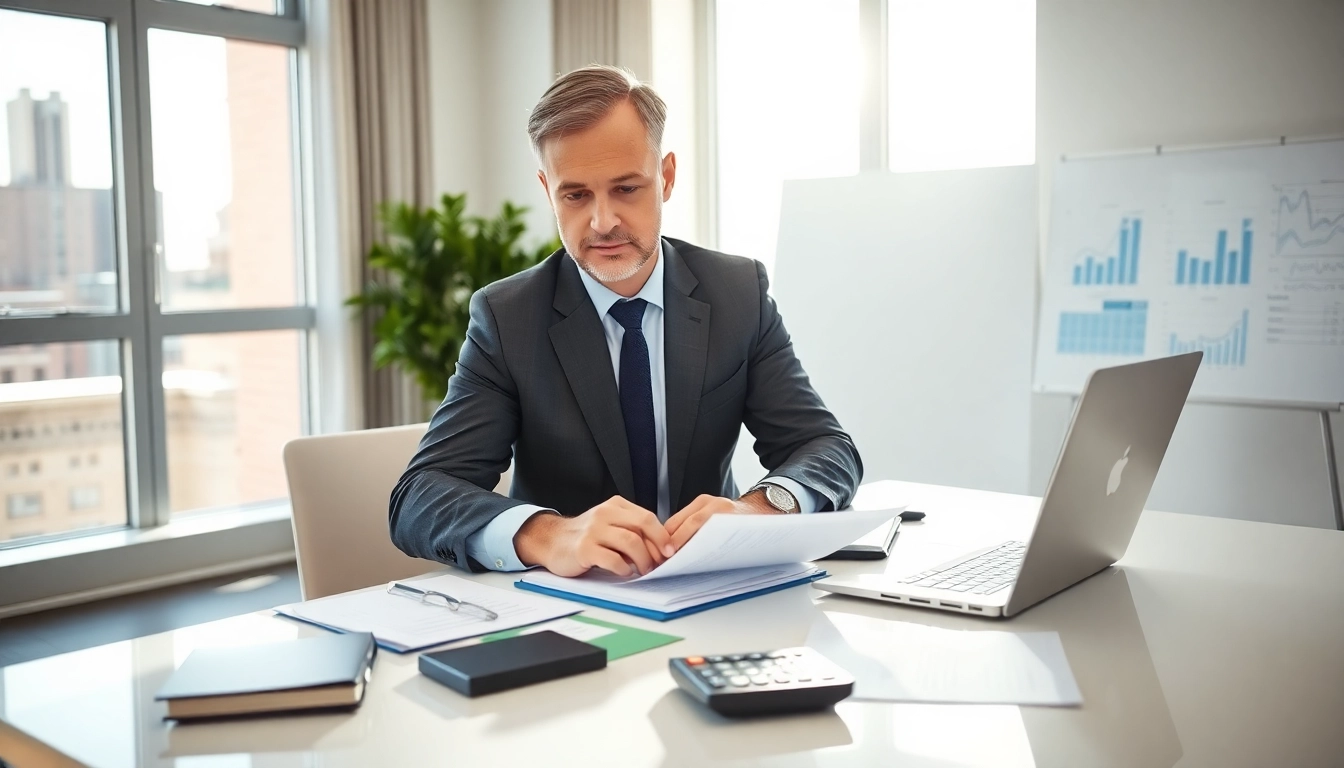 SMSF auditor reviewing financial documents in a modern office environment, illustrating professionalism and diligence.