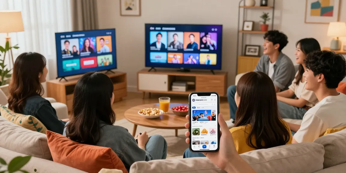 티비위키 앱을 통해 친구들과 함께 TV 프로그램을 즐기는 장면
